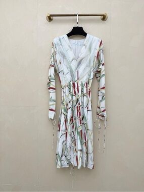 Dior White Long Sleeve Printed Wrap Dress with Red and Green Accents